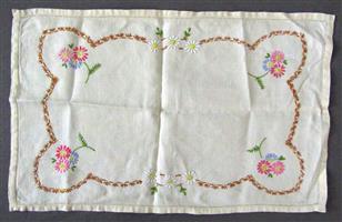Vintage Traditional Cross-Stitched Floral Cotton Tray-Cloth - 47cm x 31cm