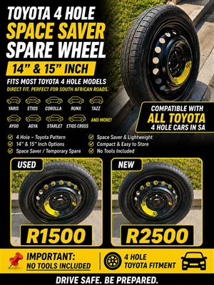 New and Used Toyota Yaris,Ago,Starlet 4 Holes 14 and 15 inch Space Saver Spare W