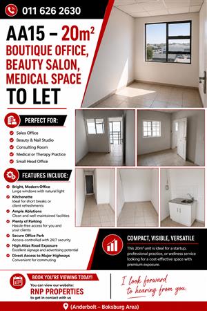 AA15 – 20m² Boutique Office, Beauty Salon, Medical Space To Let