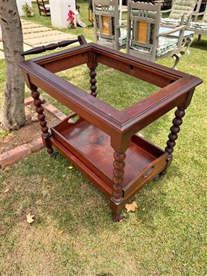 Dark wooden Tea trolley with glass top and tray