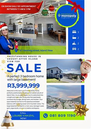 3 Bedroom House with Large Basement For Sale in Island View, Mossel Bay