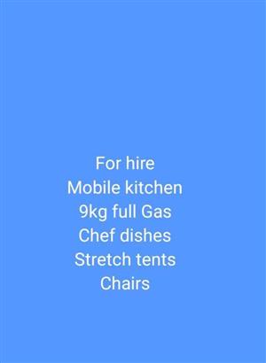 Mobile kitchen,9kg full gas,plastic chairs and tents for hire
