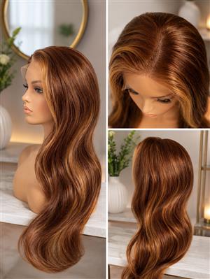  straight warm Brown base with Honey Blonde face-framing highlight