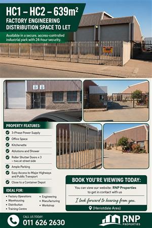HC1 – HC2 – 639m² Factory Engineering Distribution Space To Let