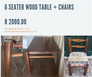 6 SEATER WOODEN TABLE AND CHAIRS