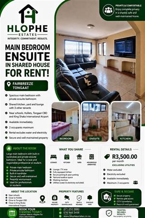  MAIN BEDROOM TO RENT | FAIRBREEZE, TONGAAT