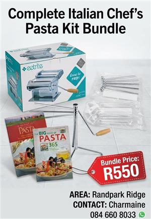 Brand new pasta maker with pasta drying stand and two recipe books for sale.