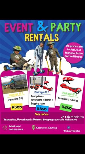 Trampoline, Hoverboard, Hoverboard Cart and Pedal Racer for hire or rent