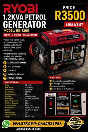 Ryobi Petrol Generator 1200watt 