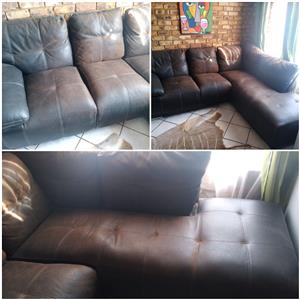 L-shaped synthetic brown leather couches 