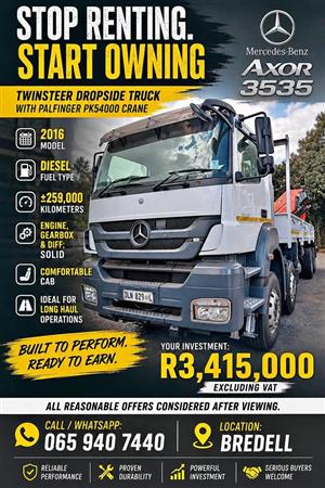 Mercedes Benz Axor 3535 Twinsteer Dropside Truck with Palfinger PK54000 Crane  
