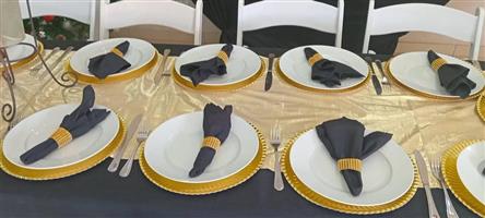 30 black Chairs plastic 50 white plates,50 white desert bowls and 50 side plates