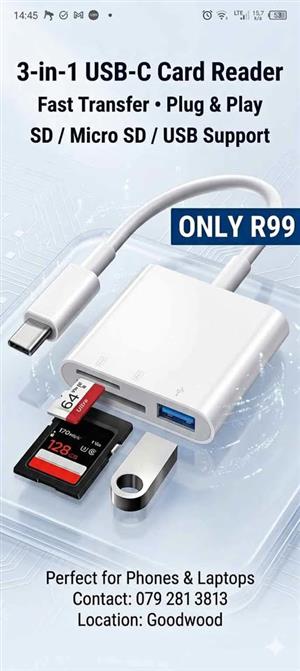 3-in-1 USB-C SD Card Reader – Fast Transfer (Phone & Laptop)