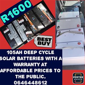 105AH Deep Cycle Solar batteries with a warranty at affordable prices to the public.