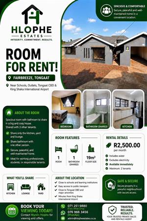 ROOM TO RENT | FAIRBREEZE, TONGAAT