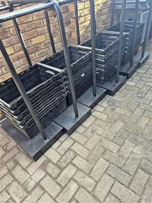 Black crates for sale. L 60cmxW 38cmxD 23cm