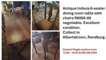Antique Imbuia 6 seater dining room table and chairs