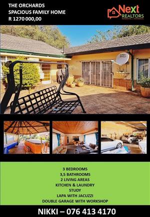 THE ORCHARDS - VERY SPACIOUS FAMILY HOME FOR SALE WITH 3 BEDROOMS AND 3 BATHROOMS