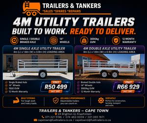 4m Utility Trailers, single and double axle