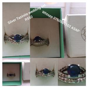 Silver Tanzinite and CZ wedding set