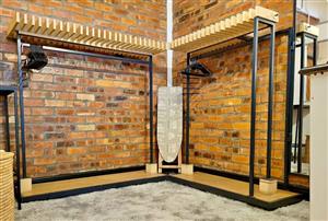 High End Industrial Clothing hanging Rails - Shop Fittings - Metal and Plywood 