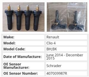 Renault Clio 4 TPMS tyre pressure monitor sensors and valves 