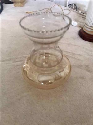 Vintage amber-tinted hurricane glass lamp shades.  