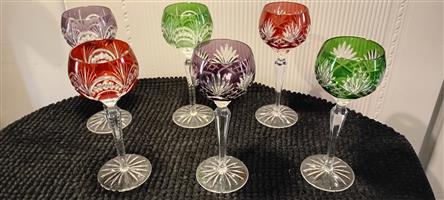 Six multi-colored, cut-to-clear Bohemian crystal wine glasses