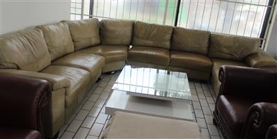CORICRAFT BEIGDE LEATHER U-SHAPE LOUNGE SUITE S064438A