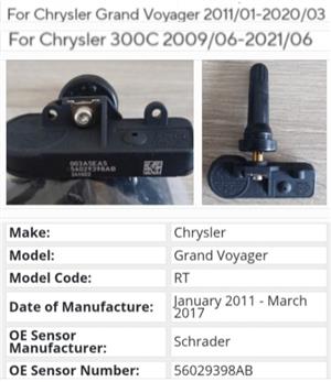 Chrysler TPMS tyre pressure monitor sensors and valves 