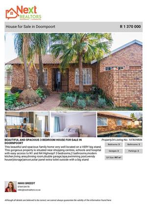 LOVELY AND SPACIOUS HOUSE FOR SALE WITH HUGE GARDEN, POOL AND LAPA IN DOORNPOORT