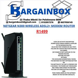 NETGEAR N300 WIRELESS ADSL2+ MODEM ROUTER, used for sale  Polokwane