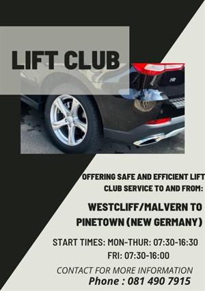 Lift club offered from Chatsworth (unit 3)/Malvern to Pinetown (New Germany) 