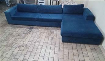 Blue Velvet L Shape Couch For Sale. 