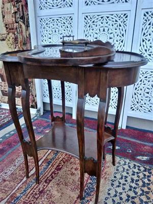 Vintage Wooden Kidney-Shaped Display Table with Glass Tray Top