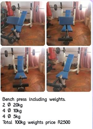 Bench press + Bar + Weights 