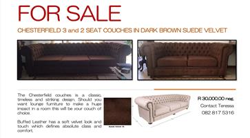 Chester 2 and 3 seater couches in dark brown suede velvet  FOR SALE R30k