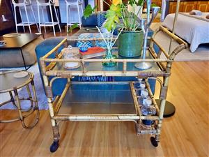 Vintage Cane / Bamboo / Glass / Wicker Drinks Trolley
