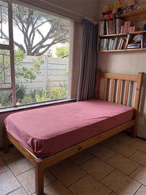 Single pine bed with headboard and mattress 