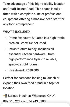 Take away for sale Graff Reneit town on the main road with traffic