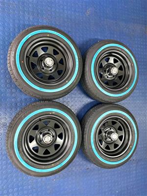 14 INCH A-LINE STEEL BLACK RIMS+ TYRES 185/70/R14 WHITE SIDE WALL