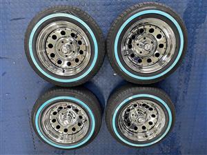 14 INCH A-LINE CHROME STEEL RIMS + TYRES 185/70/R14 WHITE SIDE  WALL