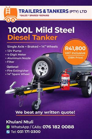 1000L SINGLE AXLE BRAKED 14" MILD STEEL DIESEL TANKER AVAILABLE