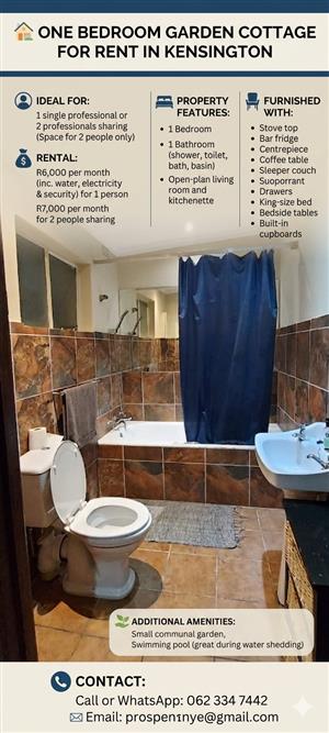  ONE BEDROOM GARDEN COTTAGE FOR RENT IN KENSINGTON  