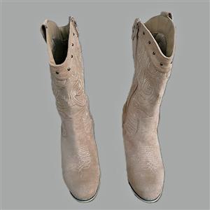 Beige Suede Western Ankle Boots – Size 5 (EU38) – Block Heel