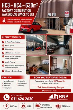HC3 – HC4 – 630m² Factory Distribution Warehouse Space To Let