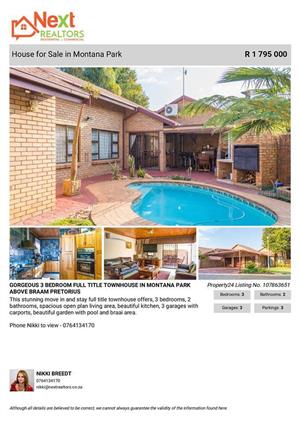 STUNNING FULL TITLE TOWNHOUSE WITH OWN POOL FOR SALE IN MONTANA PARK