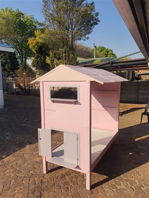 Pink Princess Single Bed  - Custom made house style bed with window and roof.