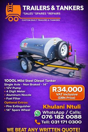 1000L MILD STEEL NON BRAKED DIESEL TANKER