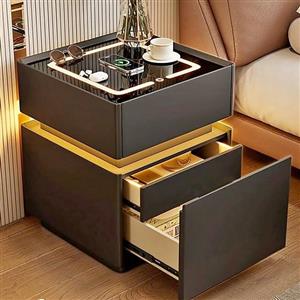 Modern LED Nightstand Wireless Charging Glass Top 2 Drawers Smart Bedside Table